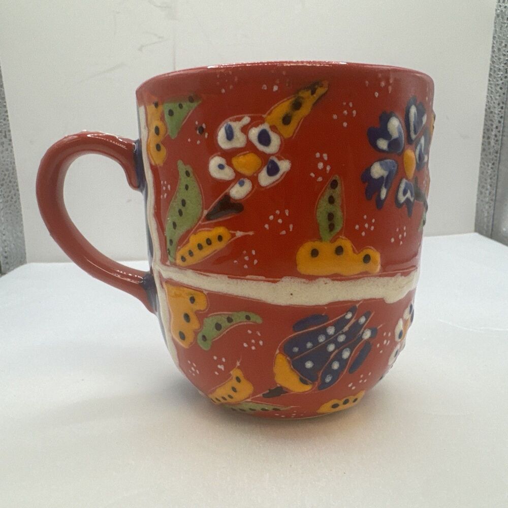Multicolor Turkish Ceramic Coffee Tea Mug Raised Paint. Beautiful Red - Picture 6 of 10